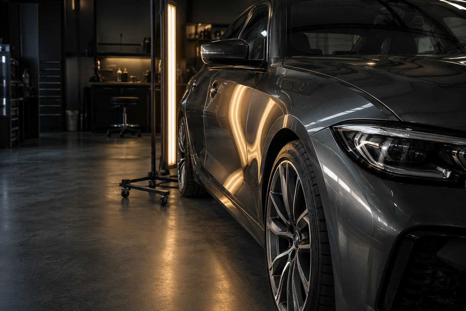 Graphite car under warm workshop inspection lights